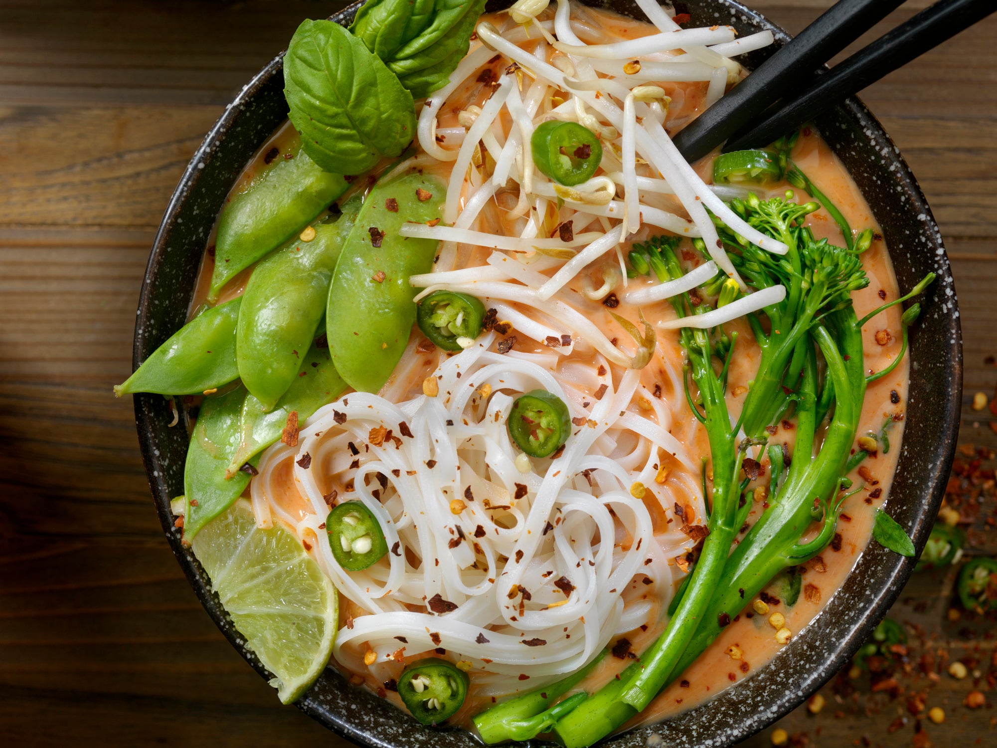 Red Curry Noodle Soup with Broccolini, Bean Sprouts and Fresh Basil,