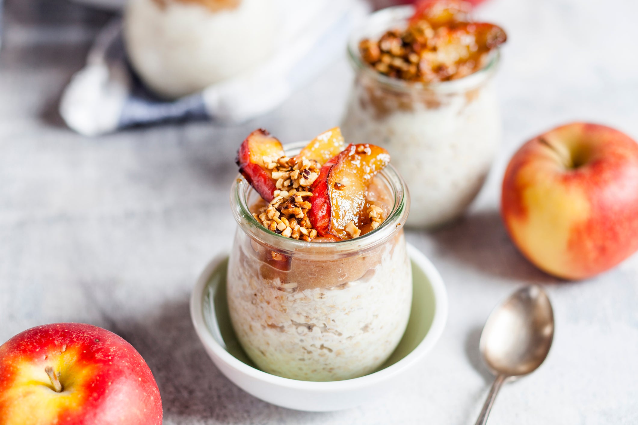 Apple pie overnight oats with caramelized apples and hazelnuts