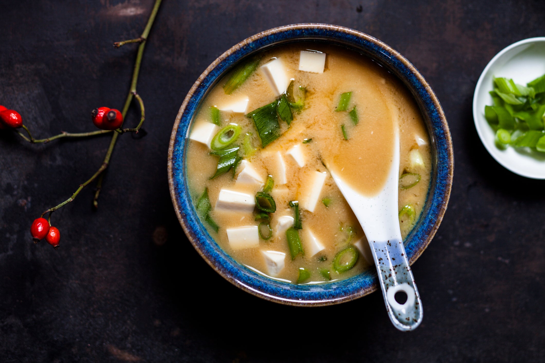 Miso soup, silken tofu, wakame seaweed, spring onion